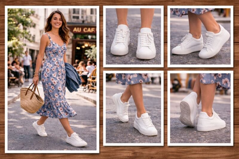 Bele patike koje se slazu uz cvetnu haljinu