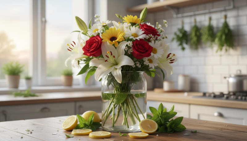 cveće u vazi sa prirodnim dodacima