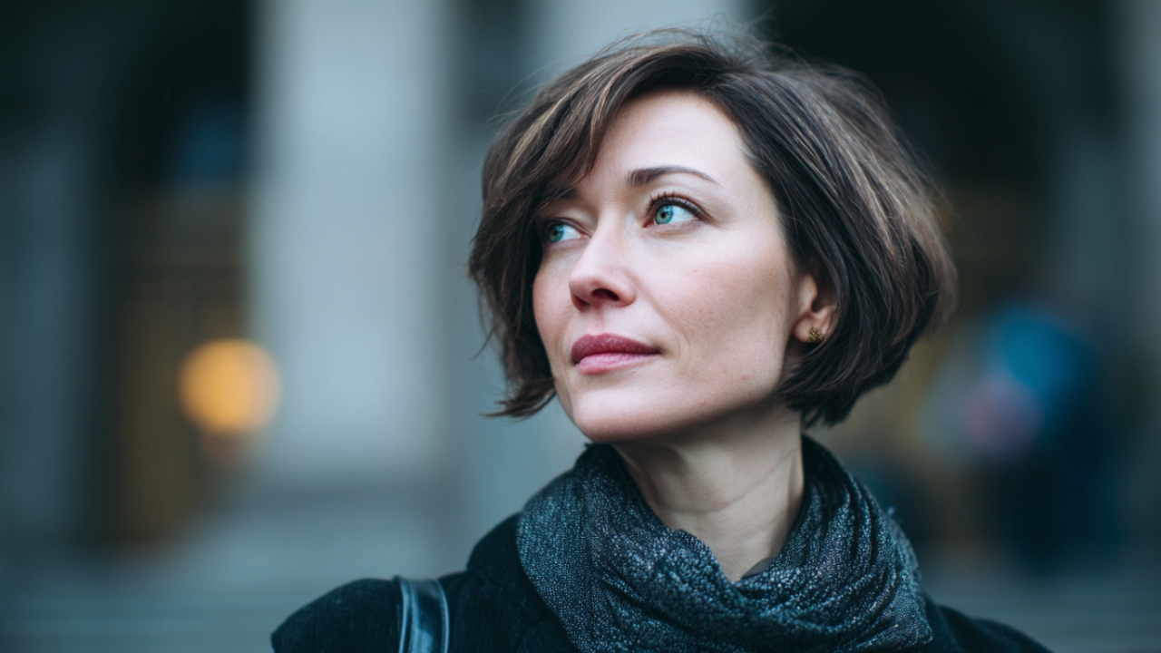 Žena sa kratkim bobom i elegantno oblikovanom kosom koja uokviruje lice