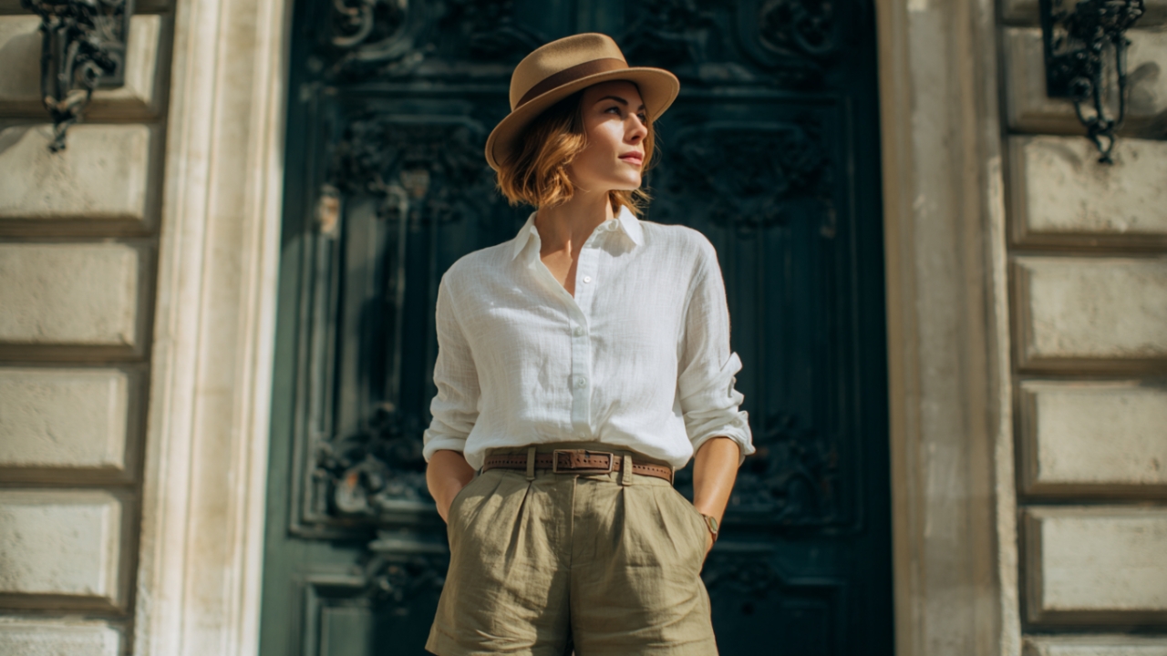 Žena u beloj lanenoj košulji i elegantnim bermudama u sofisticiranoj letnjoj kombinaciji