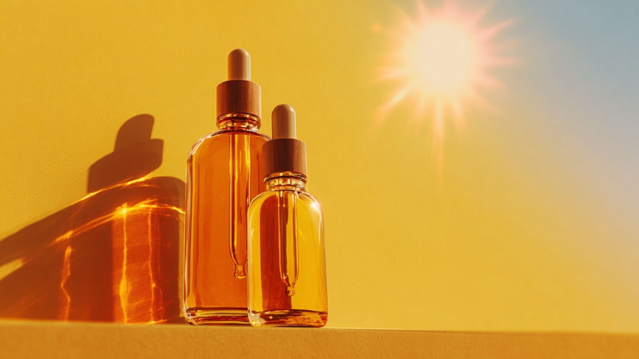 Bočice sa retinol serumom stoje na suncu tokom letnjeg dana