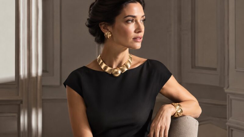 Žena u jednostavnoj crnoj haljini nosi upadljiv zlatni nakit kao akcenat elegantne kombinacije.