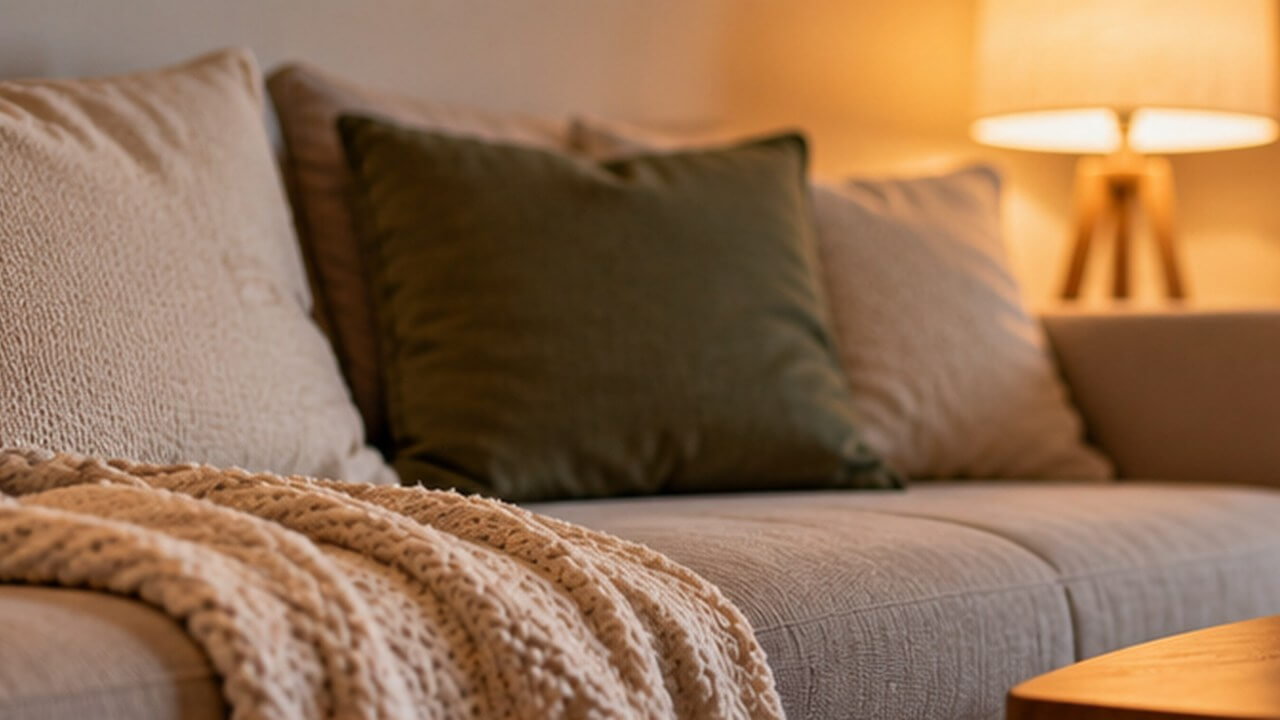 Udobna dnevna soba sa bež sofom, pletenim prekrivačem, jastucima i toplim svetlom lampe